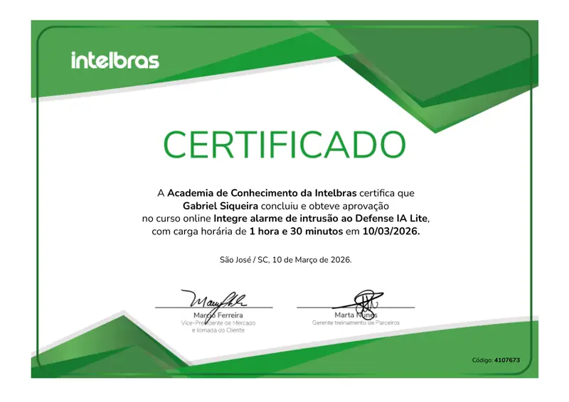 Certificado: Integração de alarme de intrusão ao Defense Lite